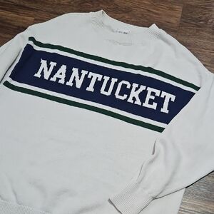 Moonrise Mens Nantucket Crewneck Sweater - White with Navy & Green Stripe, Size
